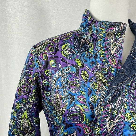 Chicos Reversible Quilted Denim Paisley Button Jacket Womens Size 2 Country Boho - Picture 7 of 13